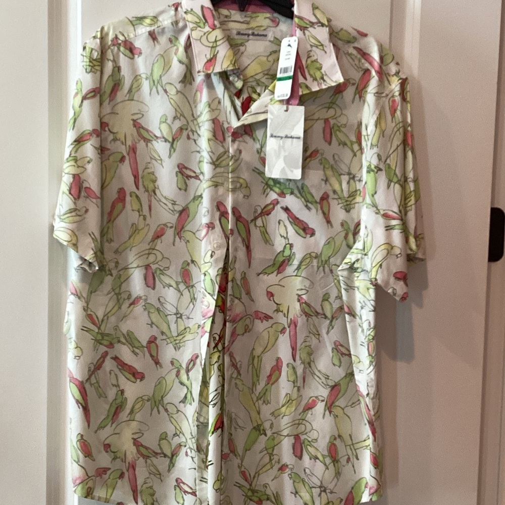 Tommy Bahama White and Green Parrot Print Shirt.  E